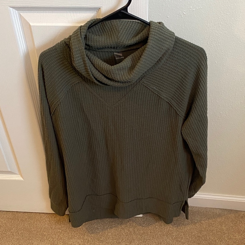 Lou & Grey Olive Green Waffle Cowl Neck Top